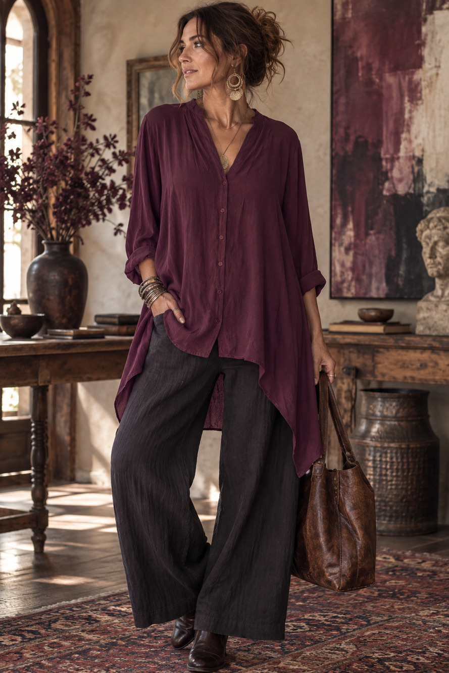 Soft Surroundings Sz L Plum Cupro Viscose Button Front Asymmetric Tunic Blouse